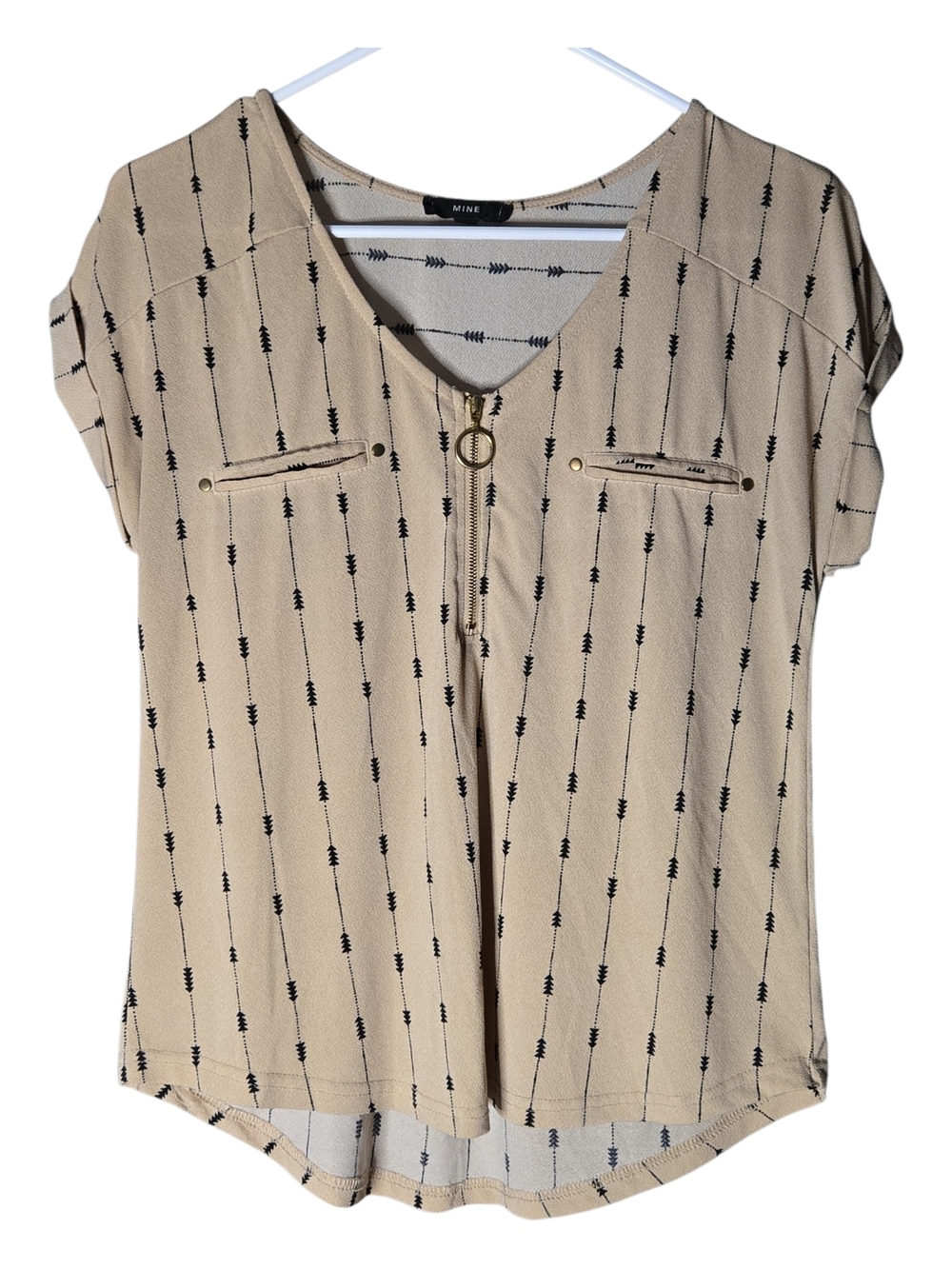 MINE Beige Short Sleeve Zip Front Arrow Print Top